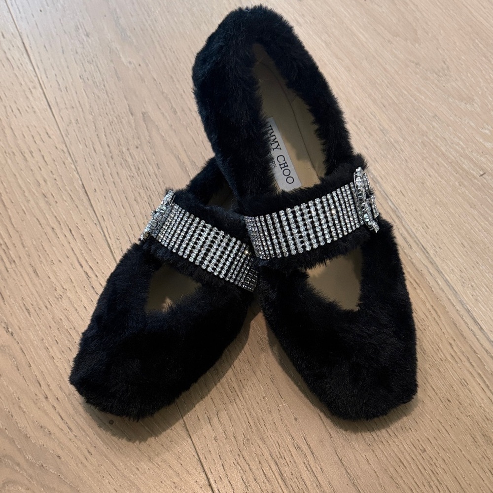 Jimmy Choo Black Fur Flats with Silver Accents